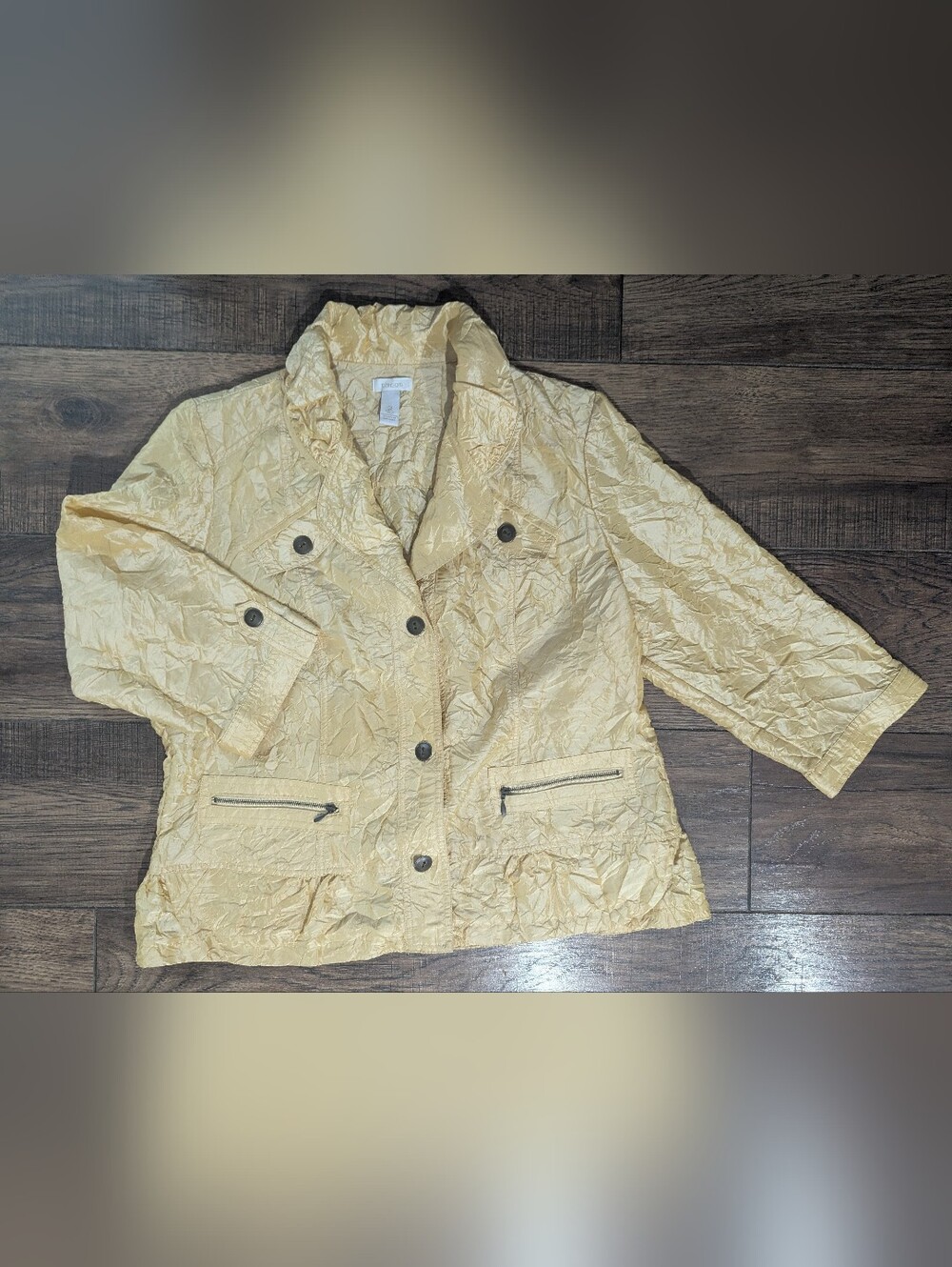 Chicos Butter Yellow Crinkle Textured Light Spring Jacket Blazer Sz L (2) Pocket